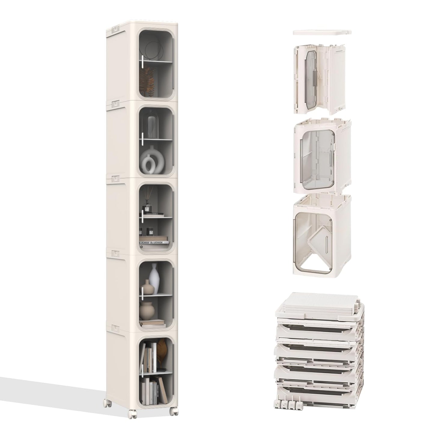 LQDMAER Slim Tall Bathroom Cabinet, 5-Tiers Narrow Storage Organizer with Doors and Shelves?Movable Storage Organizer for Small Spaces, Bathroom
