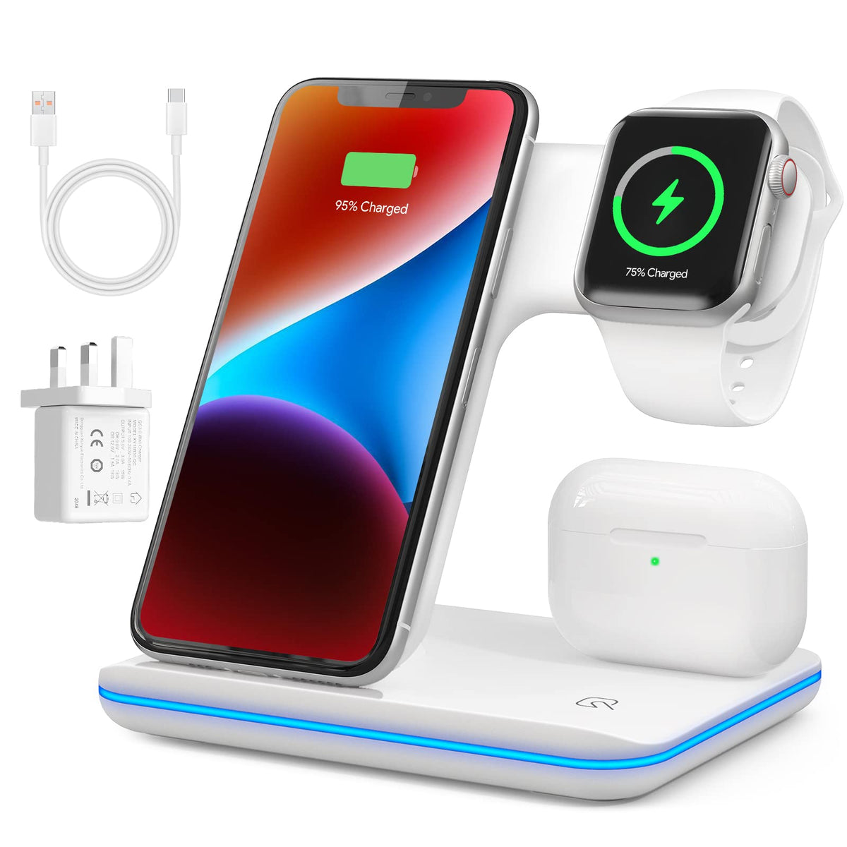 3 in 1 Wireless Charging Station, Wireless Charger Docking Station for iPhone 16/15/14/13/12/11/XR/XS/and Apple Watch 8/7/6/5/4/3/2/SE, Charging stand