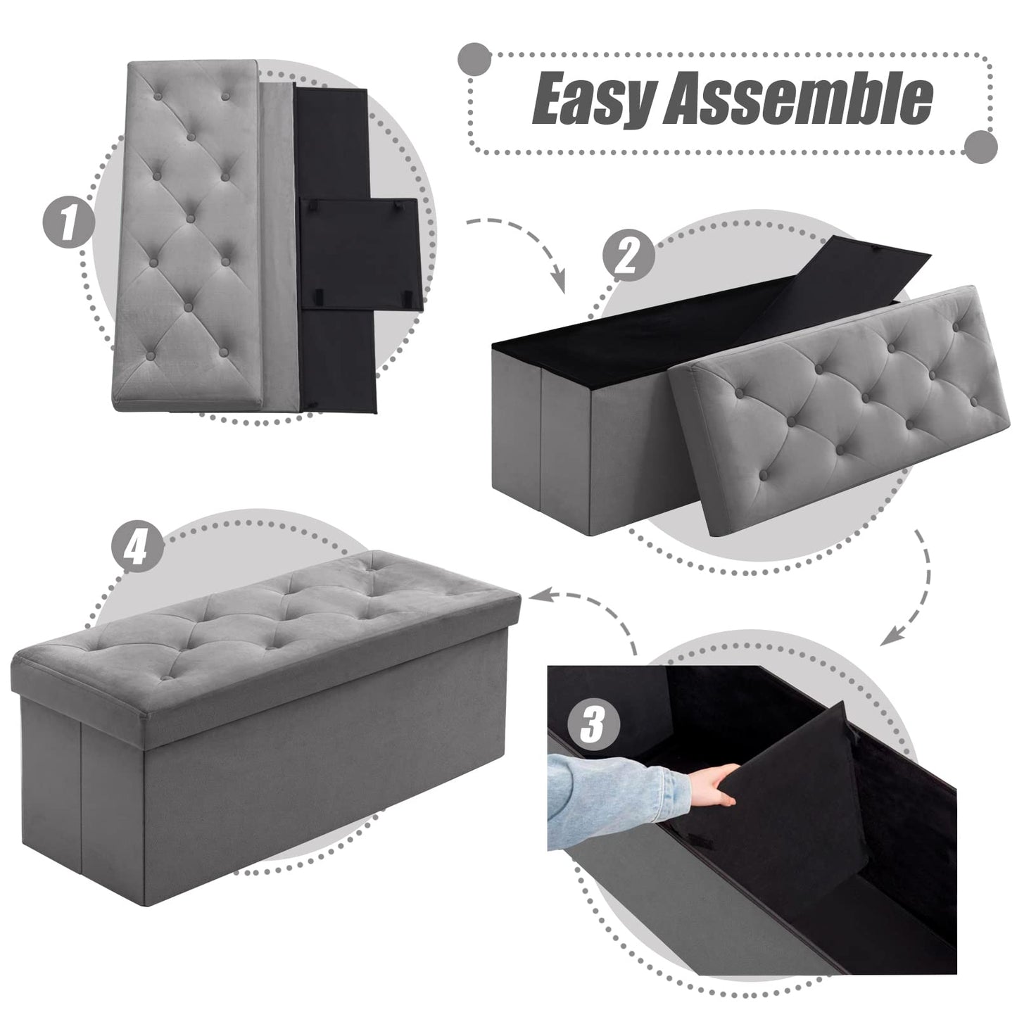 BRIAN & DANY Folding Storage Ottoman Bench, Velvet Large Ottoman Storage Box for Living Room and Bedroom 110 x 40 x 40 cm - Gray