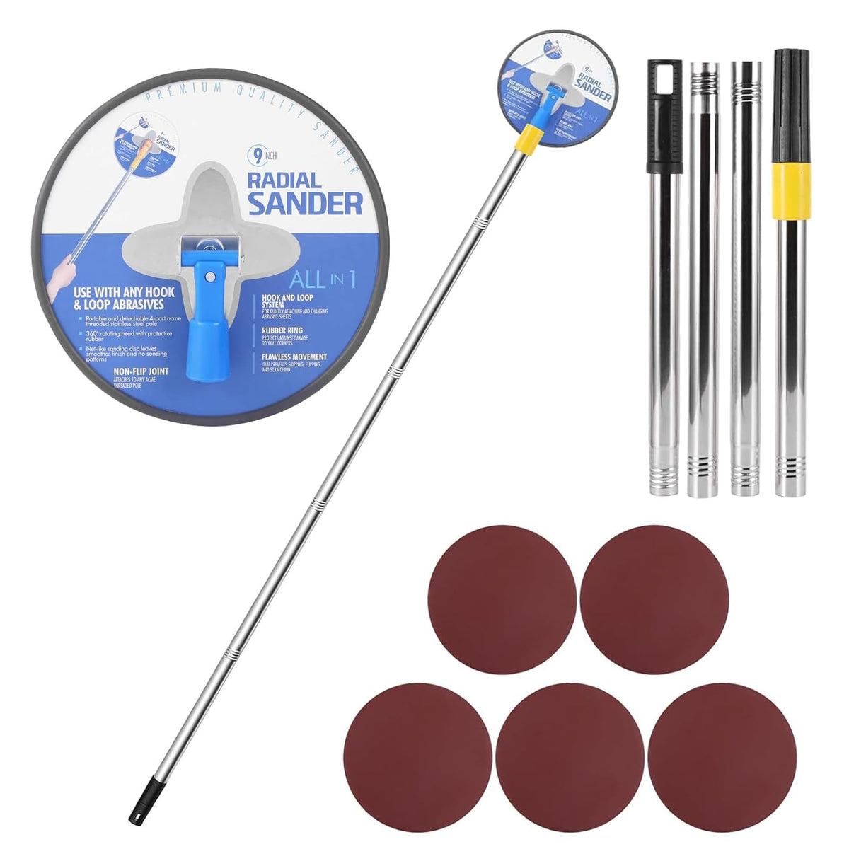 Pole Sander for Drywall, 9In Dry Wall Sander with Extension Pole 360 Degree Rotation Hand Radial Sanders Complete with 5pcs Sanding Sheets (80, 100,