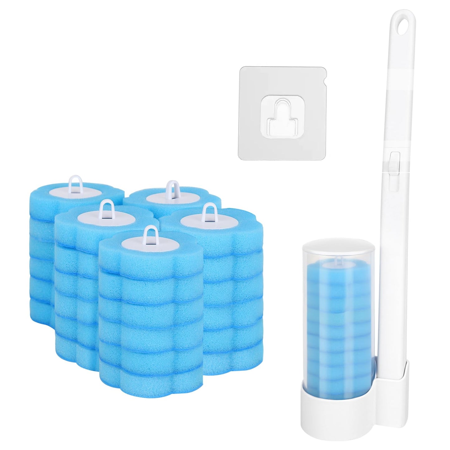 FRIUSATE 32 Pcs Toilet Brush Replacement Head with Handle, Disposable Toilet Brush Wall-mounted Holder Cleaner Set Toilet Wand Kit Disposable Toilet