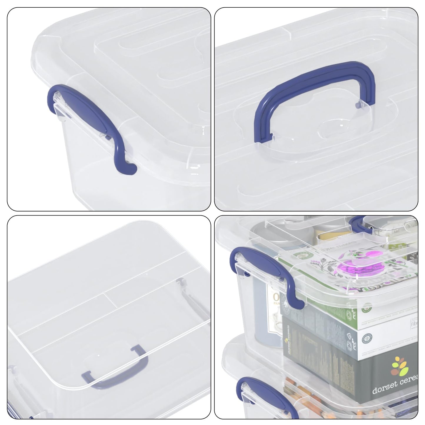 Xeabia 8 L Clear Plastic Latch Storage Boxes with Lid & Handle 2 Packs Blue