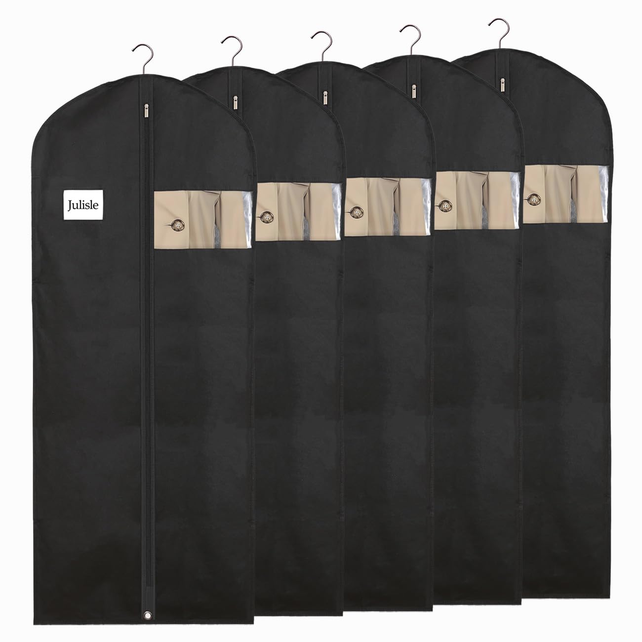 Julisle Long Dress Cover Garment Bag with Zipper & Viewing Window | Breathable, Washable, Dustproof Clothes Storage | 5-Pack, Black, 60-Inch