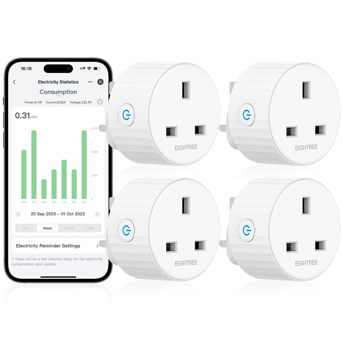 EIGHTREE Smart Plugs with Energy Monitoring, WiFi Smart Sockets with Remote Control and Timer, 2.4GHz Wi-Fi, 13A, 4 Pack - Alexa & Google Home