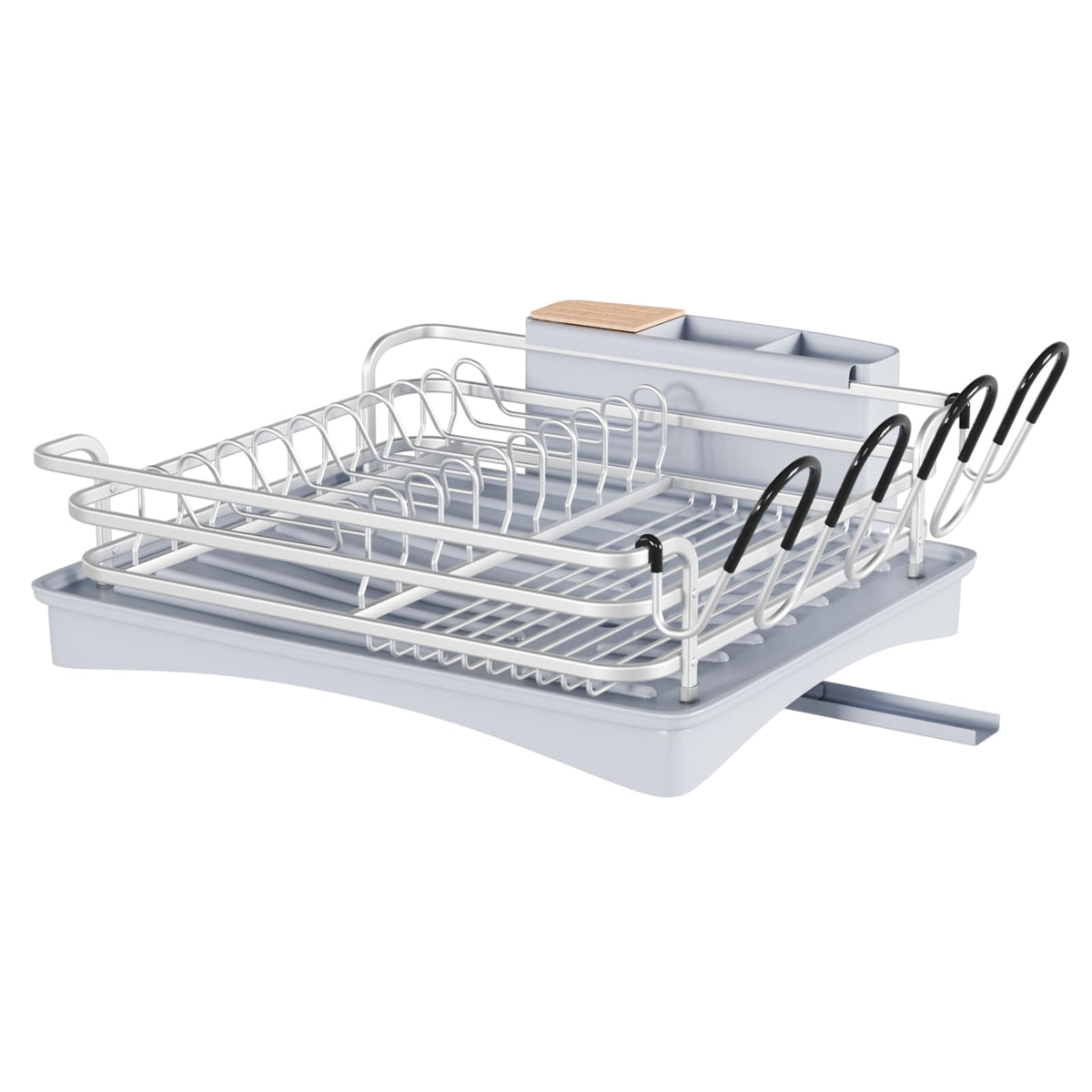 BRIAN & DANY Aluminum Dish Drying Rack, Dish Drainer with Removable Cutlery Holder & Cup Holder, Unique 360 Swivel Spout Drain Board, Grey