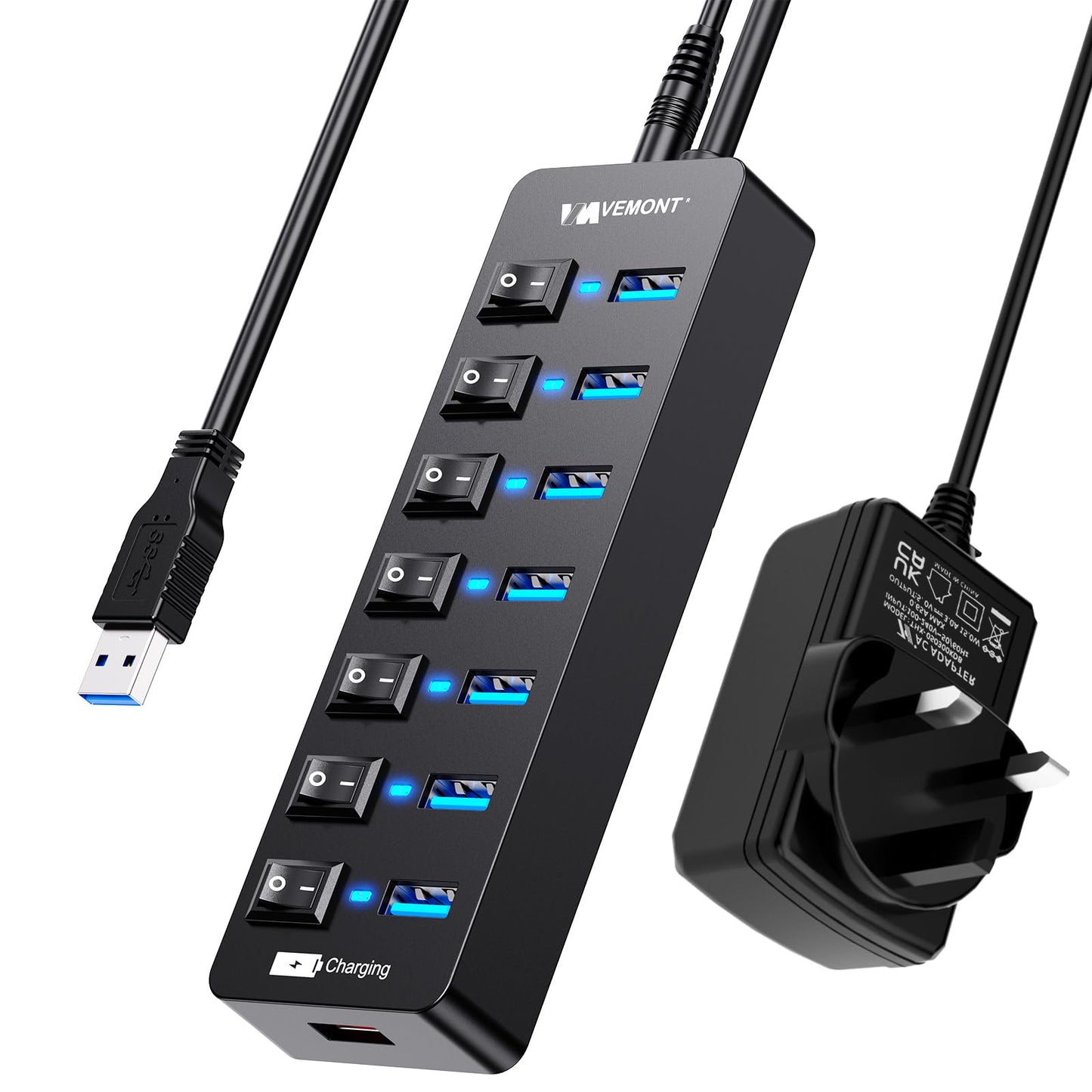 Powered USB Hub 3.0,VEMONT 7 Ports Multi USB Hubs and 1 USB Smart Charging Port with 5V/3A Power Supply,USB Extension Splitter with Individual On/Off