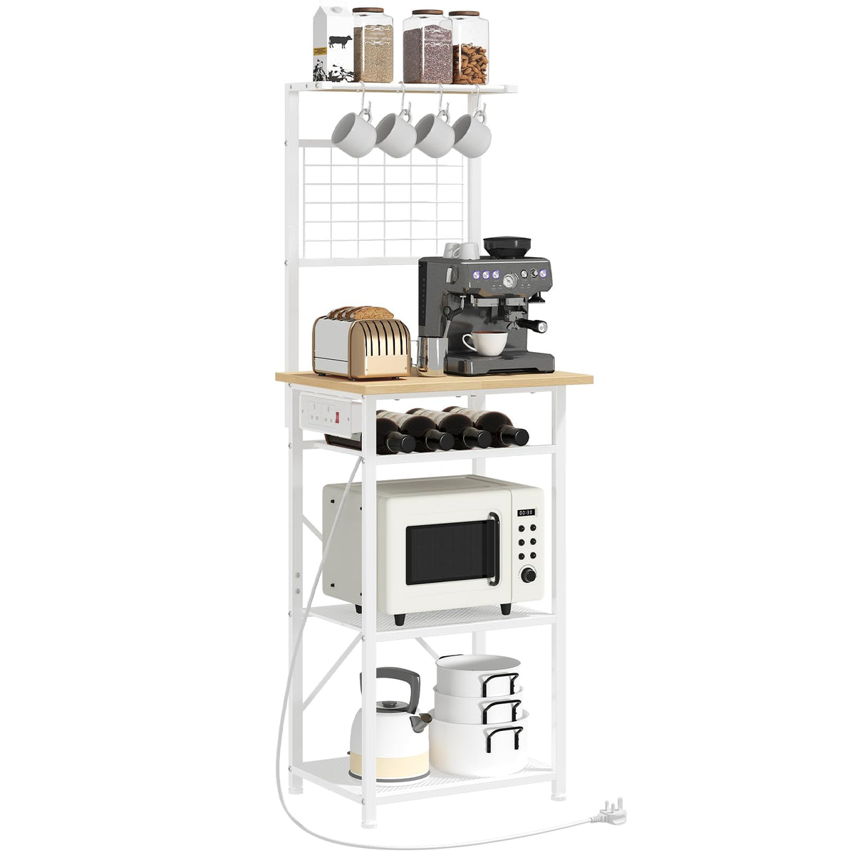 MAHANCRIS Bakers Rack, Microwave Stand with Power Outlet, Coffee Bar Station with Wine Rack and Hooks, Kitchen Storage Shelf
