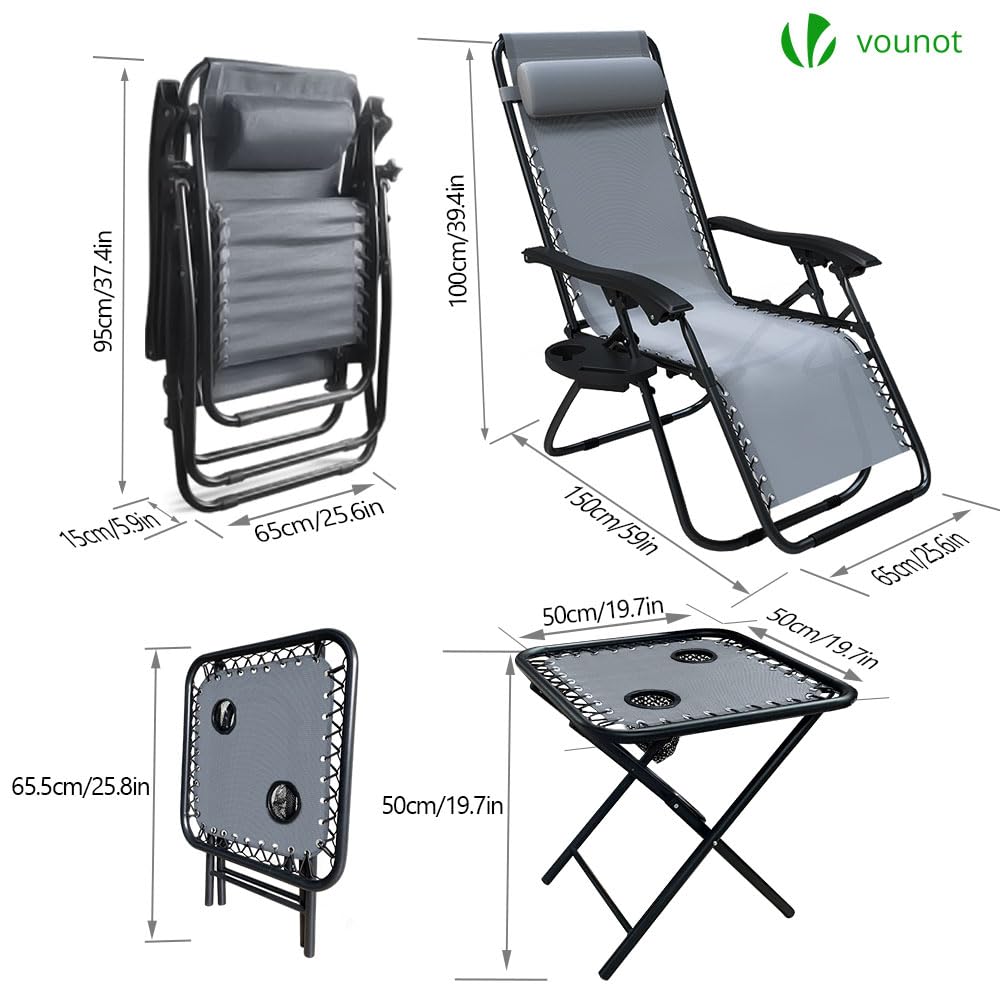 VOUNOT Zero Gravity Chair with Side Table, Set of 2, Deck Folding Recliner Sun Loungers Outdoor Chair with Cup and Phone Holder, Grey