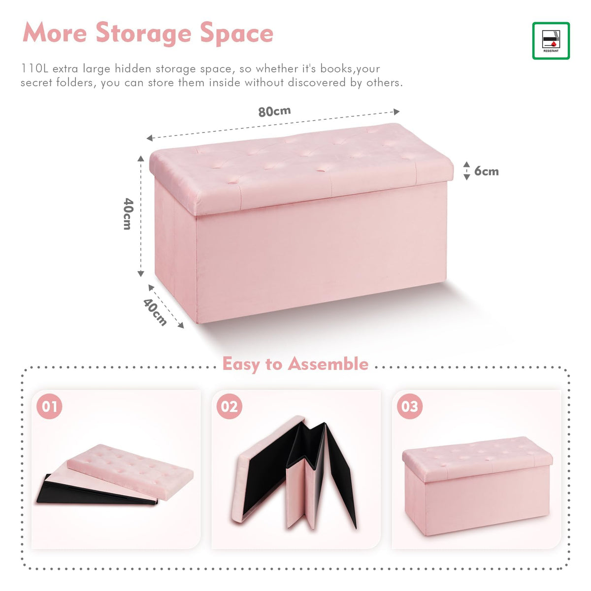 Bonlife Pink Folding Velvet Ottoman Storage Bench,Footrest Stool Seat,Toy Chest Storage Box with Lid,Footstool for Living Room,80x40x40cm