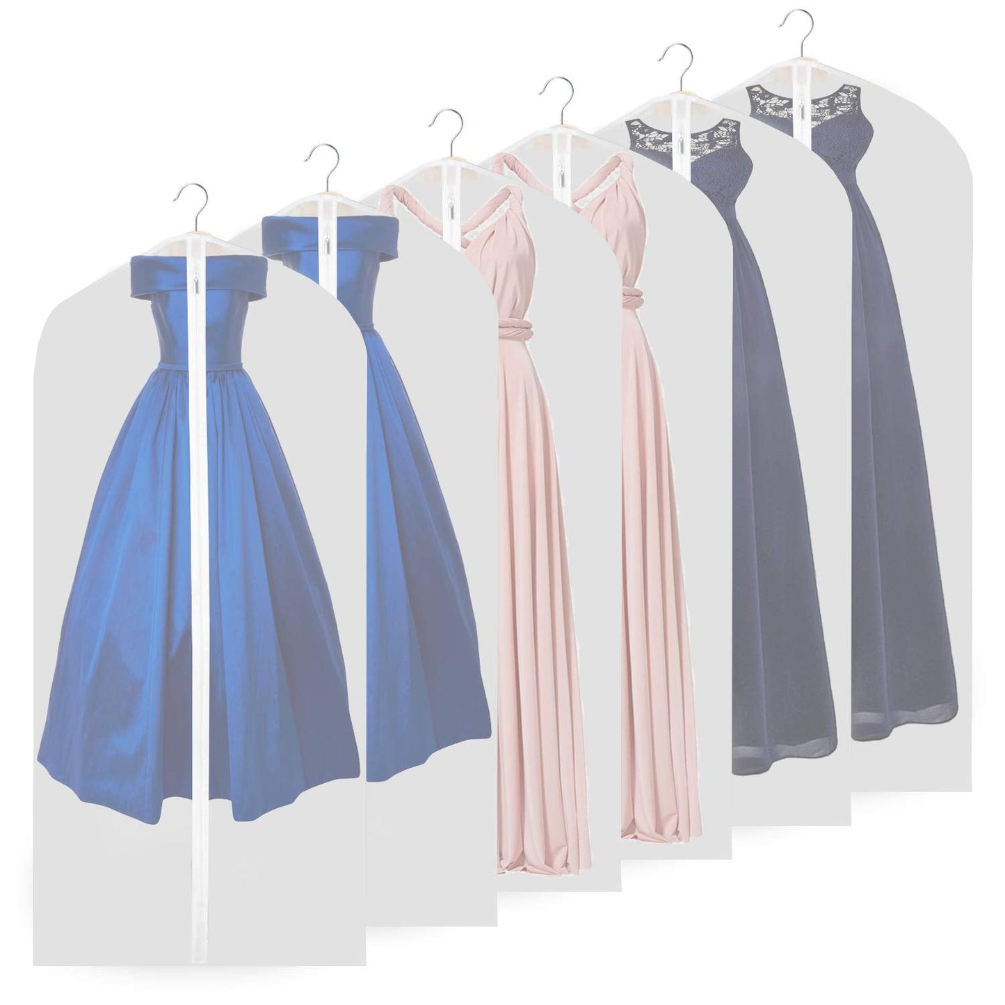 Garment Bags, Breathable 63 inch(6 PCS) Long Wedding Gowns Dress Bags Coat Clothes Covers Bags Moth Resistant Hanging Zipped Garment Bags for Long