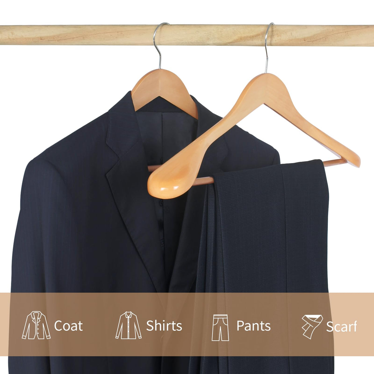 Hangerman Natural Wooden Suit Hangers, 10 Pack Wood Coat Hangers, Jacket Outerwear Shirt Hangers, Glossy Finish with Extra Wide Shoulder, 360 Degree