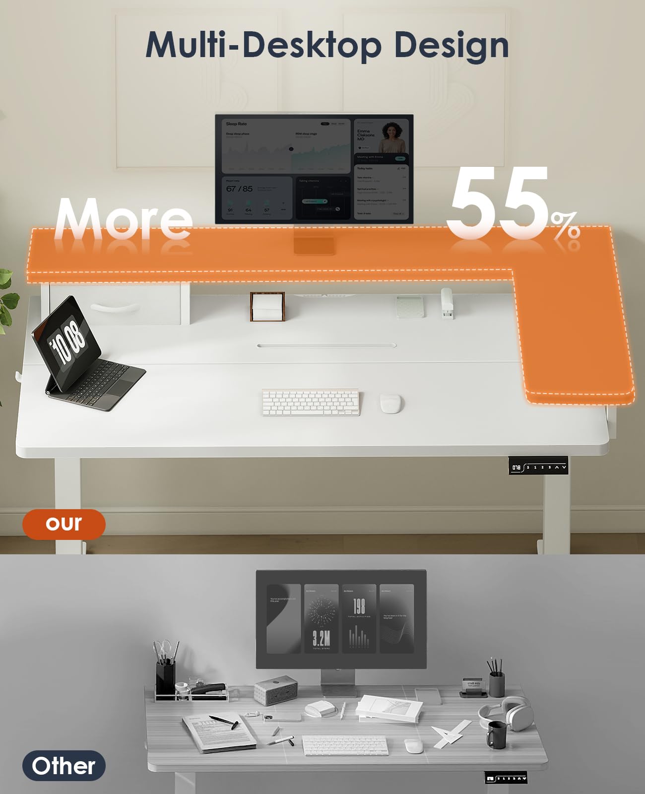 OffiGo Standing Desk with Drawers & Monitor Stand, USB Port, 120cm White