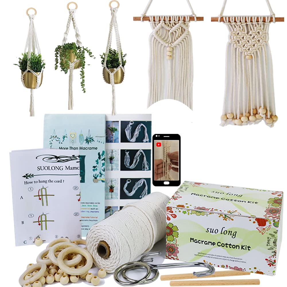 Beginners Macrame Kit for Adults,Featuring 3mm Macrame Cord,Wooden Beads,Rings,Instruction Book.All Accessories You Need to Make Macrame Plant