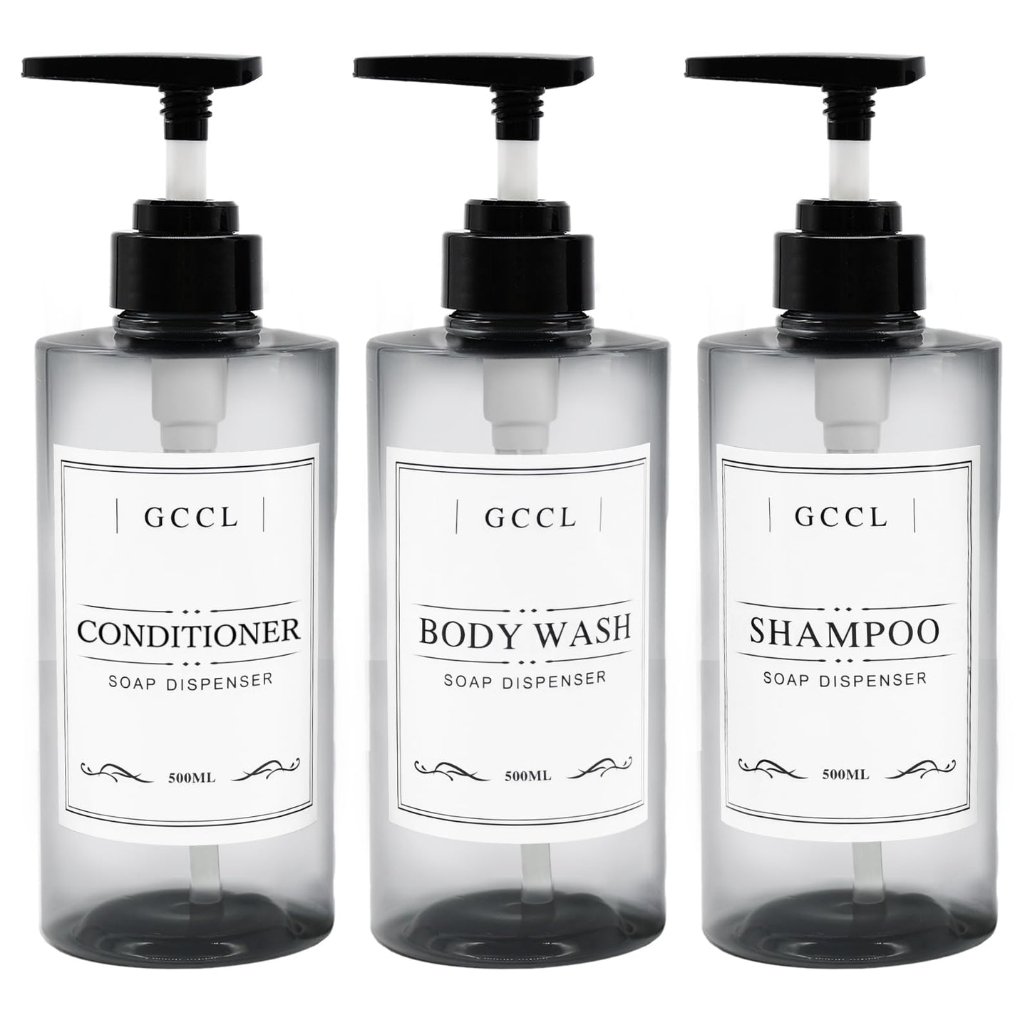 3 Pack Refillable Shampoo and Conditioner Dispenser - 500ml Plastic Empty Soap Dispenser for Shower Gel, Reusable Body Wash Liquid Bottle Pump