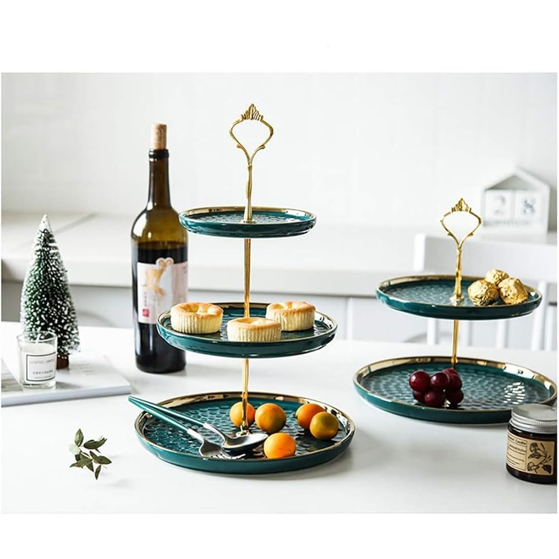 MEETOZ 2 Set of Round Porcelain Tiered Cupcake Stand, Dessert Plates Stand Tiered Serving Trays with Gold Rod, 3 Tiers and 2 Tiers Cake Stand Party Serving Trays Fruit Pastry Holders(Green)