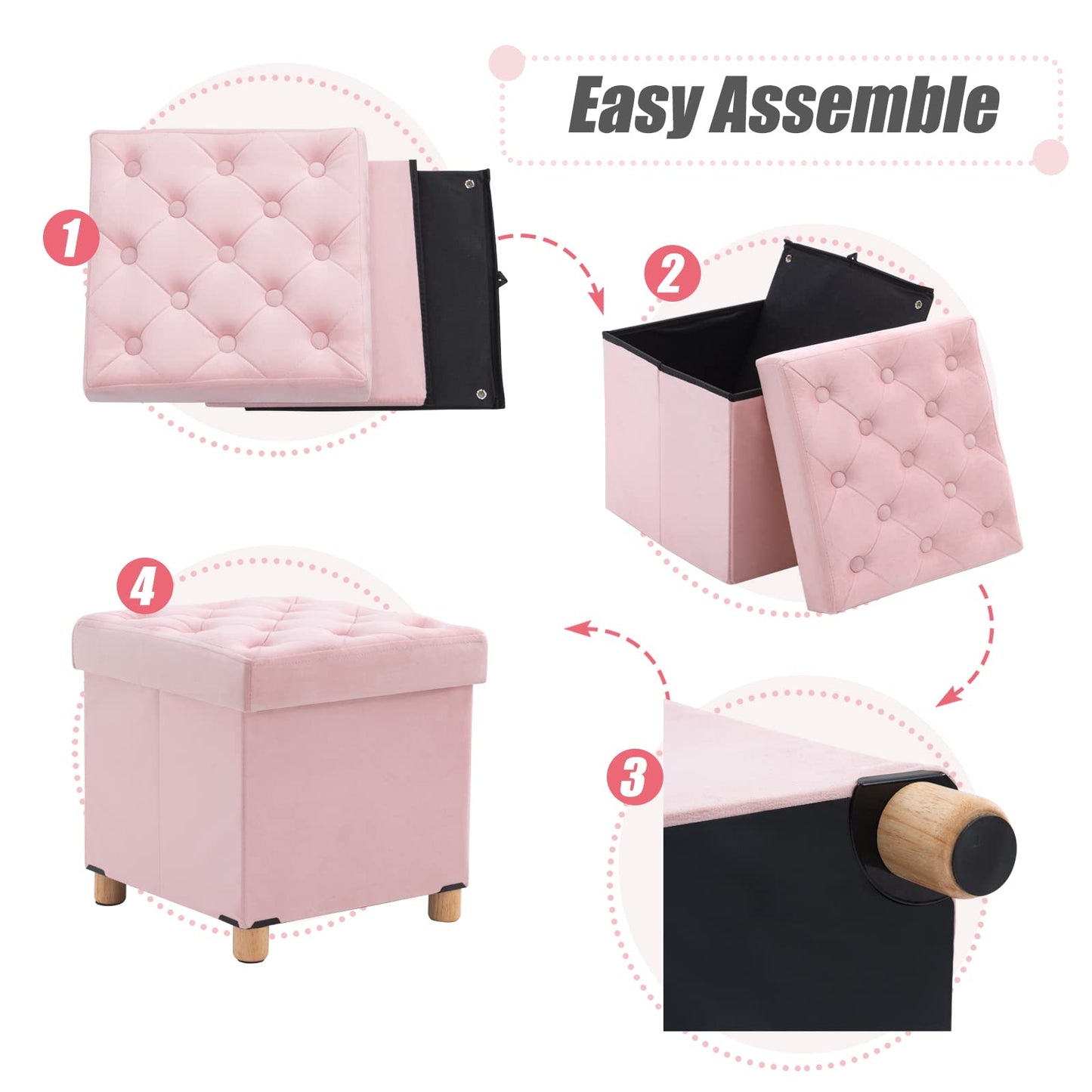 BRIAN & DANY Folding Storage Ottoman with Wood Legs, Velvet Footstools Cube for Living Room and Bedroom, 40x 40x 40 cm, Pink