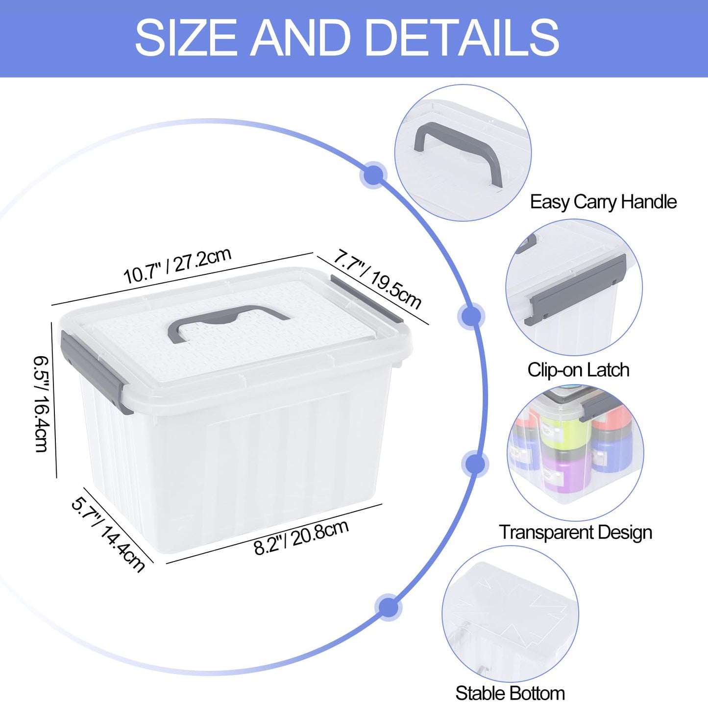 Hespama 6 L Lidded Storage Box with Handle, 6 Pack Plastic Organising Boxes