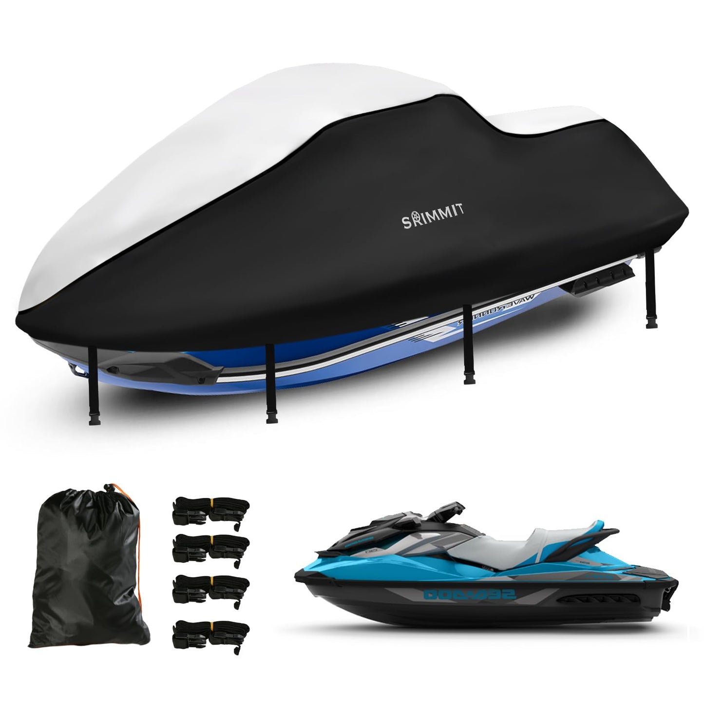 Boat Cover,Trailerable Jet Ski Cover 3 Seats,Heavy Duty 420D Oxford Fabric Motor Boat Cover Waterproof Marine Grade Anti-UV with 2 Air Vents and 4