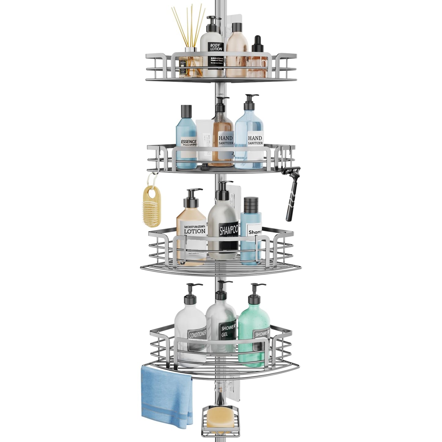 SWTYMIKI Telescopic Shower Caddy Corner - Rustproof Shower Corner Shelves with Towel Bar & Soap Holder, Adjustable No Drilling Organizer for Bathroom