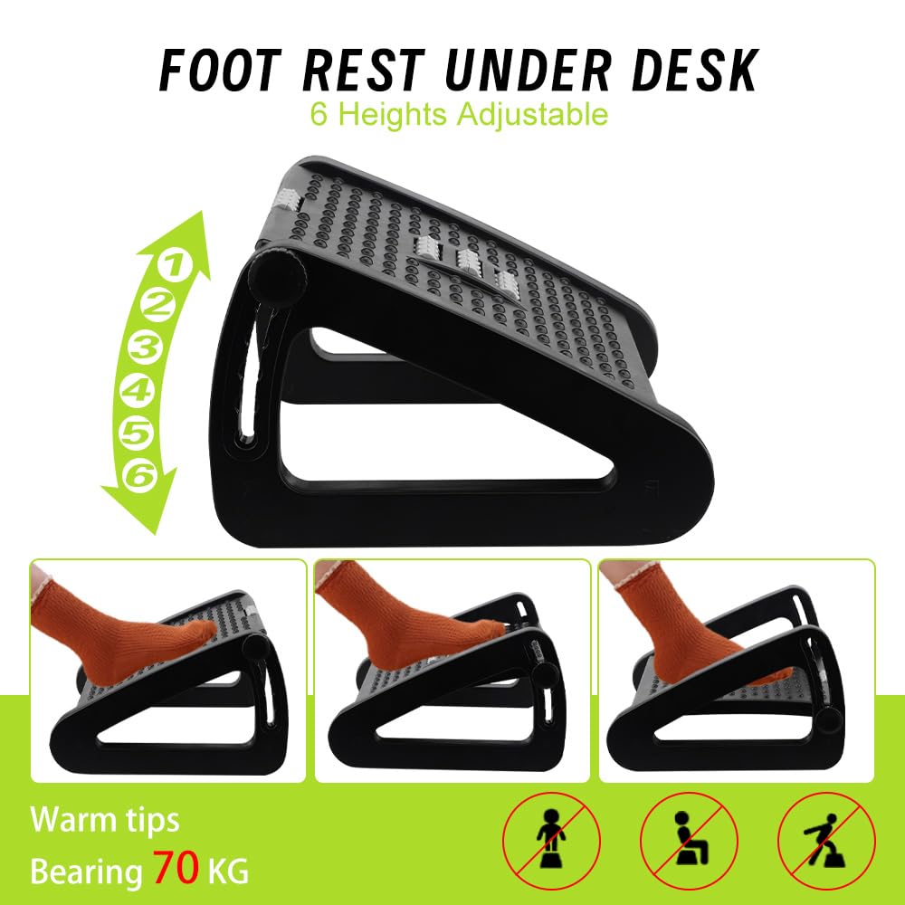 Adjustable Desk Foot Rest with Massage Function, 6 Height Ergonomic Foot Stool Under Desk Footrest for Home Office Travel Use