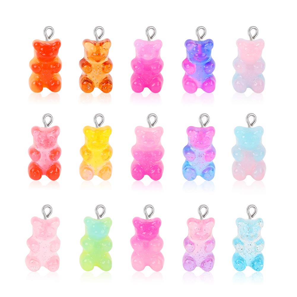100 Pcs Gummy Bear Charms Pendants Cute Resin Bear Candy Charms in Bright Color Cartoon Bear Keychains Jewelry Necklace Charm Cute Bracelet
