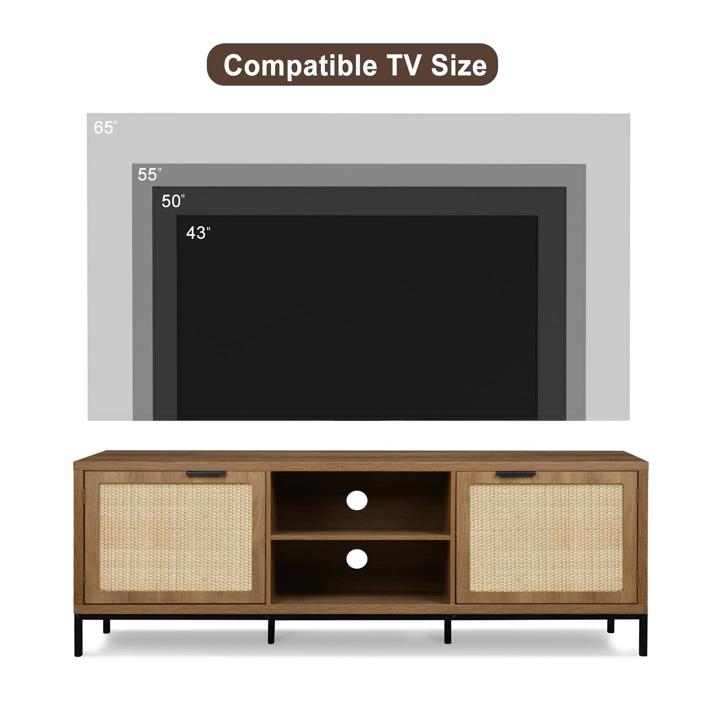 Skokliz TV Unit, TV Stand Cabinet for TVs up to 65 inch, Boho TV Console with 2 Rattan Door Storage, 150cm Long TV Cabinets for Living Room, Bedroom