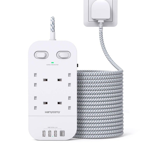 Extension Lead 5M, 4 Way Surge Protected Power Strip with USB C Slots, Extension Cable with Double Switches, Plug Extension Socket 5M Braided