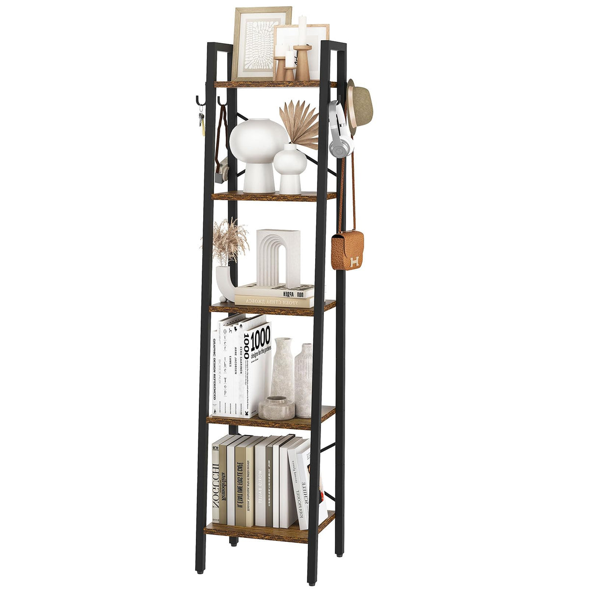 YMYNY 5 Tier Ladder Bookshelf, Height 160CM Bookcase, Freestanding Storage Organiser Shelves, Shelving Unit for Living Room Bedroom, Kitchen, Plant