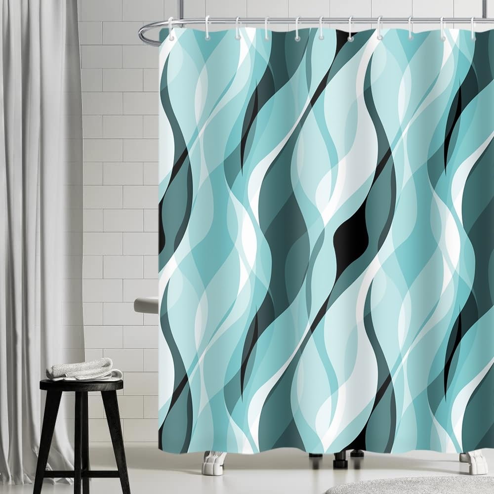 Uiiooazy Blue Turquoise Shower Curtain, Abstract Striped Geometric Lines Bath Curtain Anti-Mould Waterproof Polyester Fabric Bathroom Curtain with 12