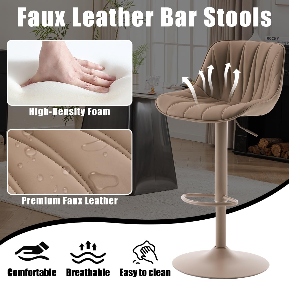 YOUNIKE Bar Stools Set of 2, Modern Upholstered Faux Leather Barstools with Back, Swivel Tall Adjustable Counter Height Bar Chairs, Entirely Khaki