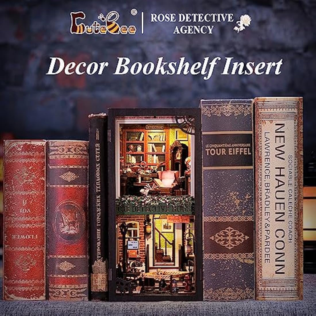 CUTEBEE Book Nook Kits For Adults - DIY Dollhouse Miniature with LED Light,3D Wooden Puzzle Bookend Bookshelf Decor,Gifts for Family and Friends (Rose Detective Agency)