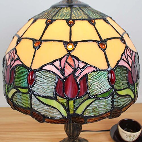 Bieye L30020 Tulip Flower Tiffany Style Stained Glass Table Lamp Night Light with 12 Inches Wide Handmade Lamp Shade Metal Base for Bedside Bedroom Living Room, 18 inches Tall, Red Green…