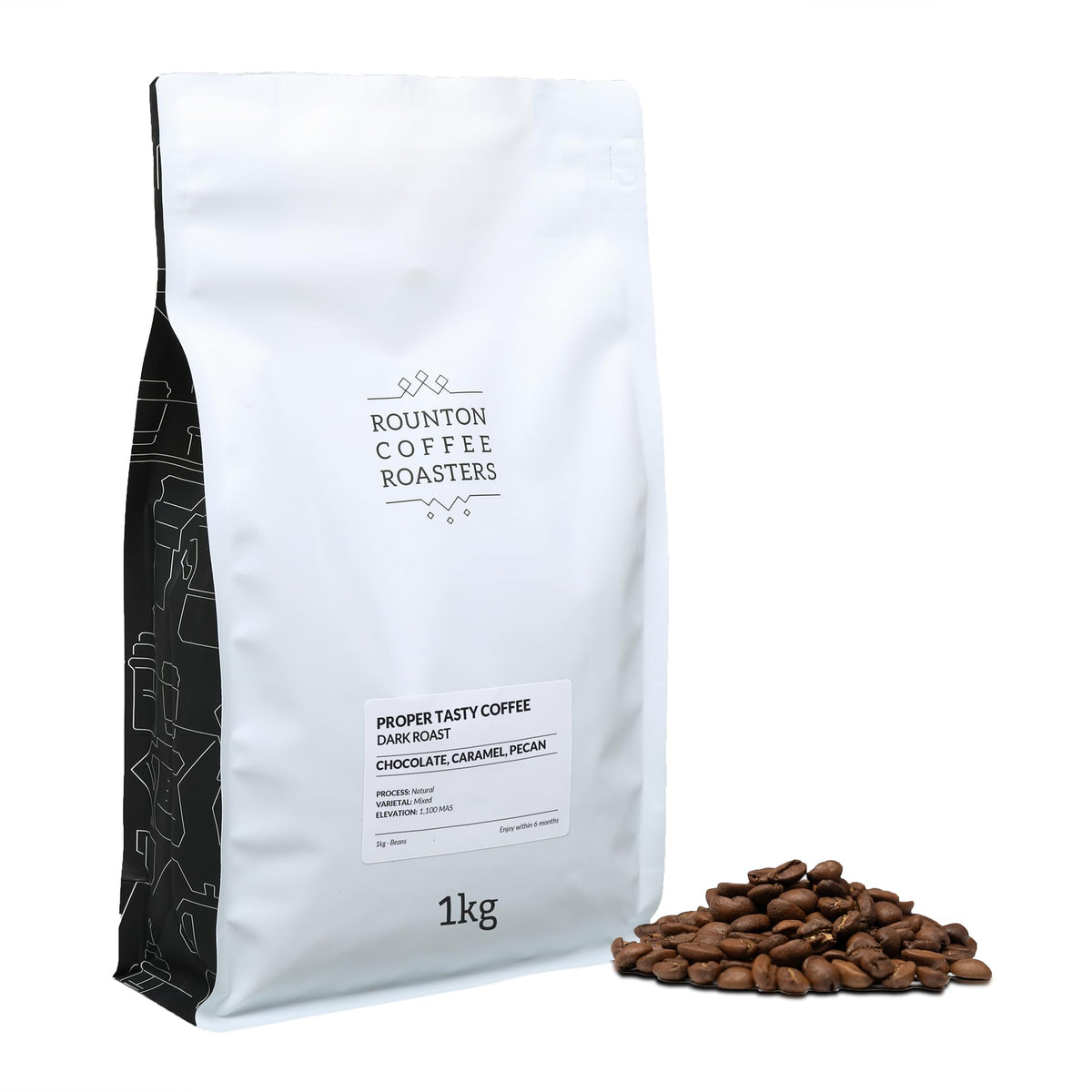 Rounton Coffee Roasters | Proper Tasty Coffee | Dark Roast 1kg | Fresh 100% Arabica Espresso Beans | Notes of Chocolate, Caramel & Pecan | Intensity