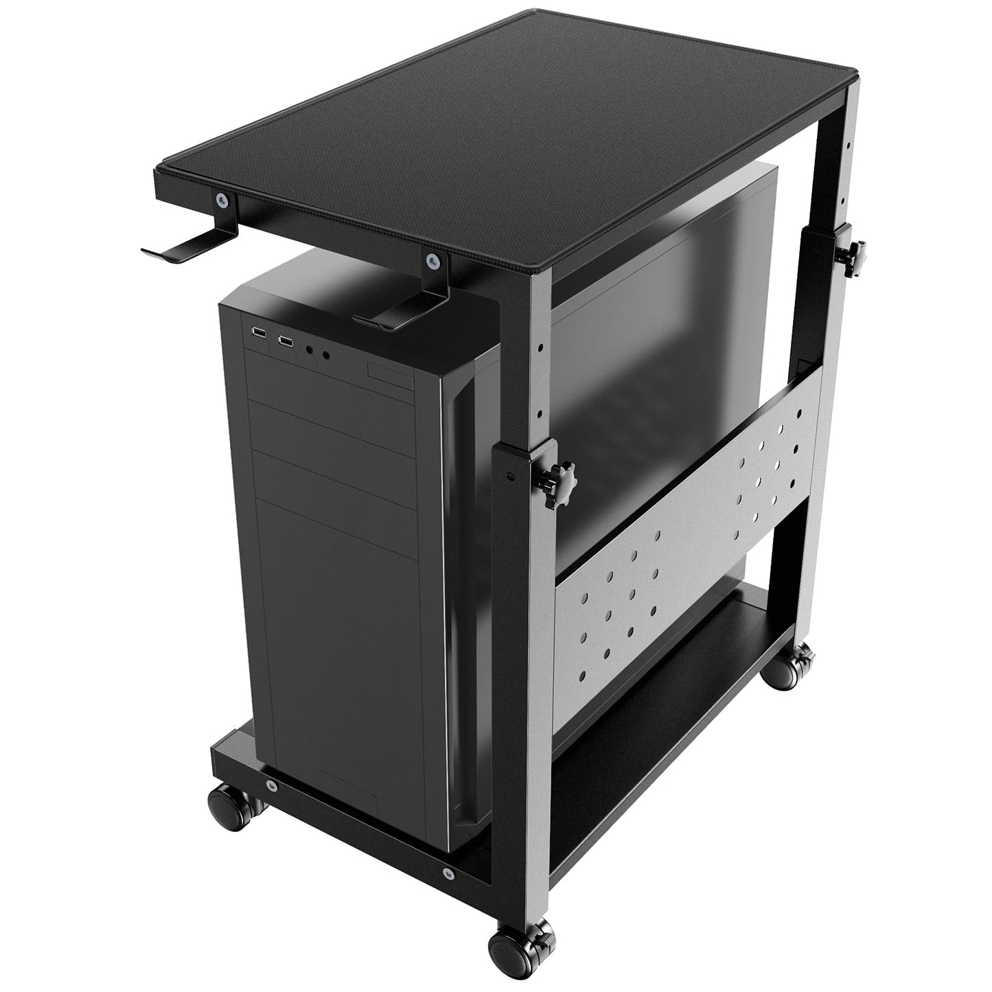 PUTORSEN Computer Tower Stand Cart - 2-Tier pc tower stand with 4 Casters, Rolling Holder with Pegboard & 2 Hooks, Height Adjustable from 52 to 77cm