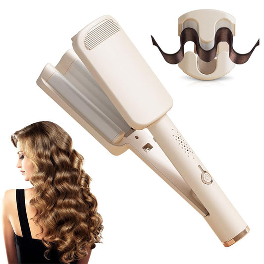DSXVJHD Hair Waver Crimper, 32mm Deep Waver Curling Iron with 4 Temperature Settings, Anti-Scald Curling Wand for Short and Long Hair, Beige (Beige)