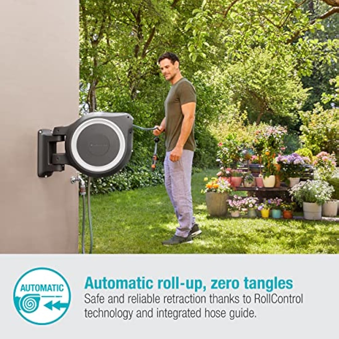 Gardena Wall-Mounted Hose Box Rollup L (White) 30 m: Versatile Watering System for Large Gardens, Swivel Hose Box, Including 30 m Gardena Hose and mounting kit (18627-20)