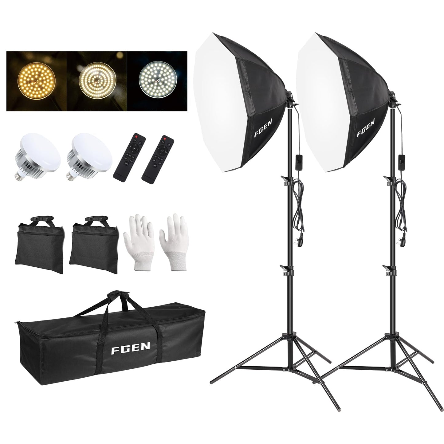 Softbox Lighting Kit,FGen 135W LED Bulb Softbox with Ruggedised Tripod and Remote Control Dimmable 3000-6500K 3 Colour Temperatures Suitable for