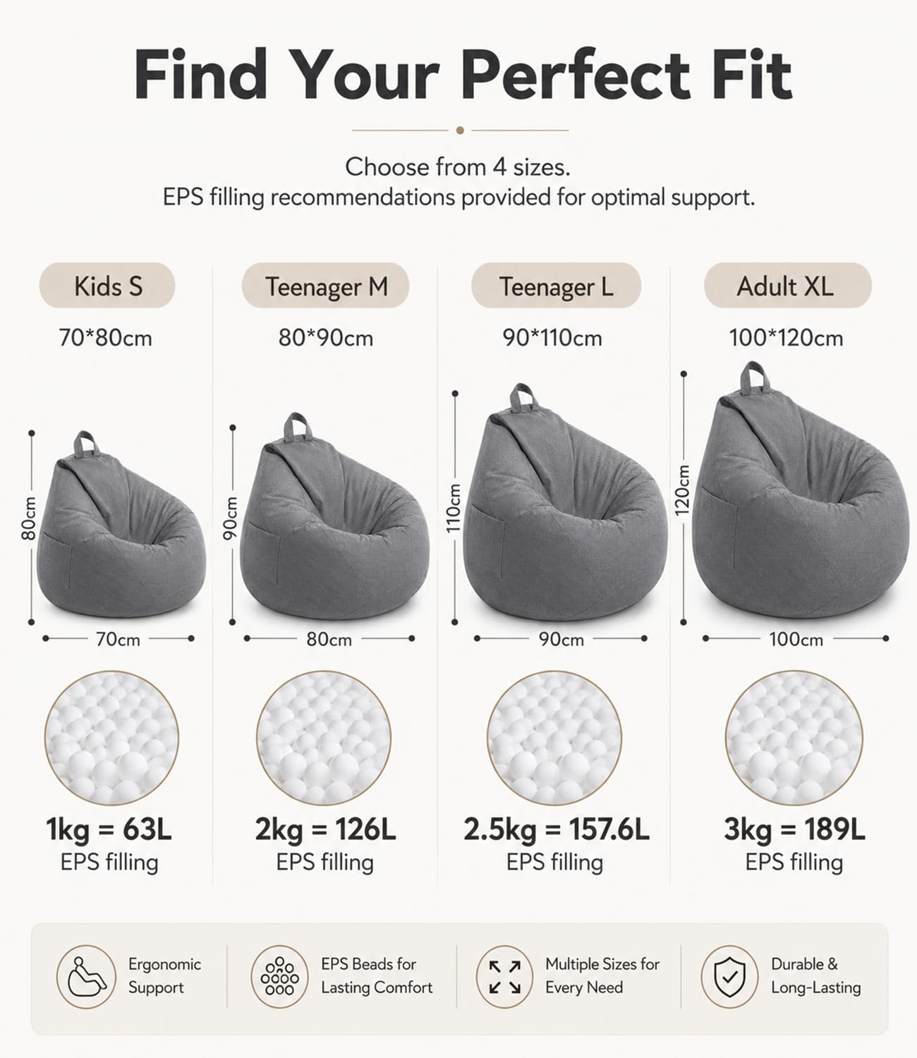 Highdi Kids Bean Bag Without Fillings - Cotton Linen Durable & Comfortable, Grey Storage Bean Bag Chair for Living Room/Gaming Room