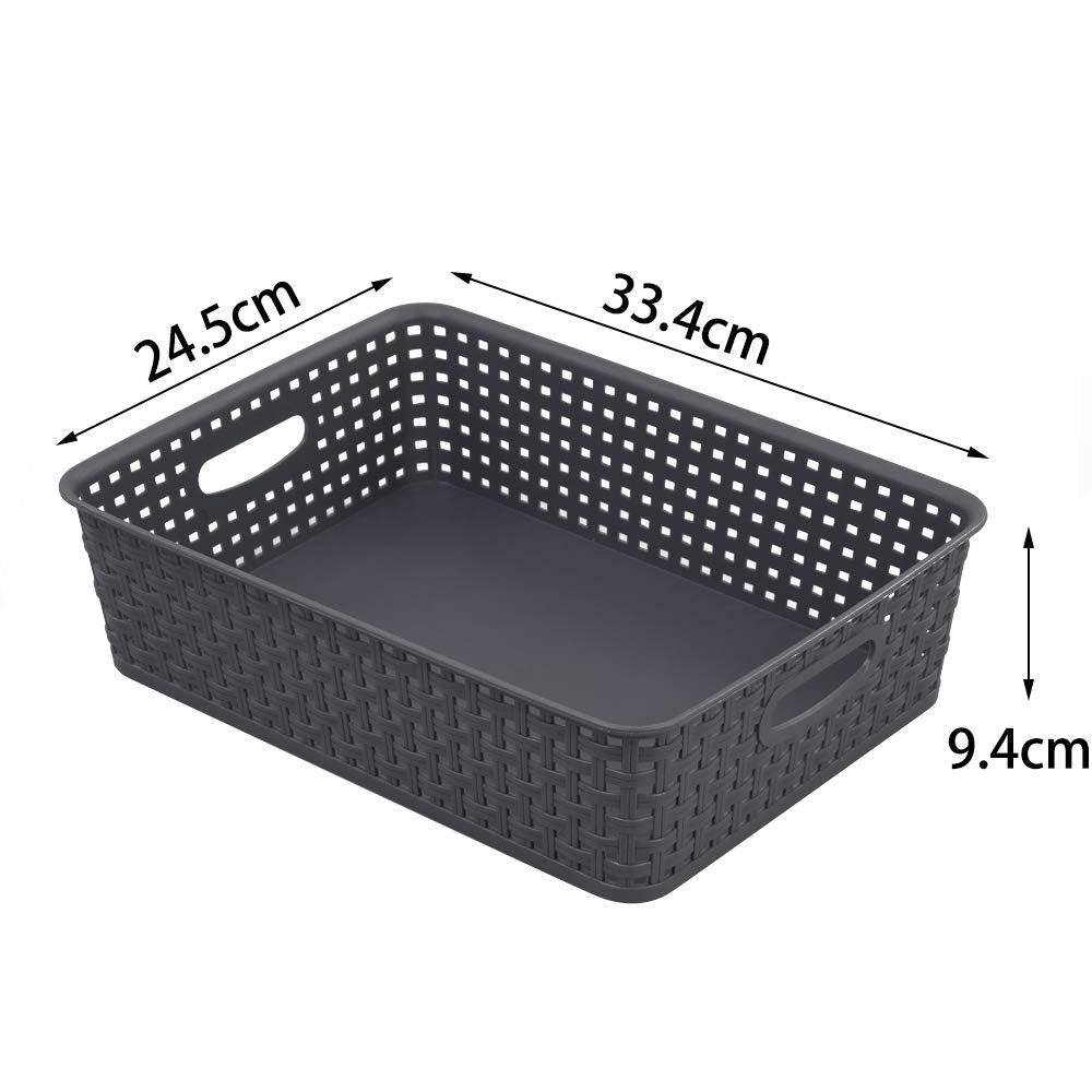 Yarebest 6 Packs Grey Woven Storage Baskets, Plastic A4 Shallow Tray Basket