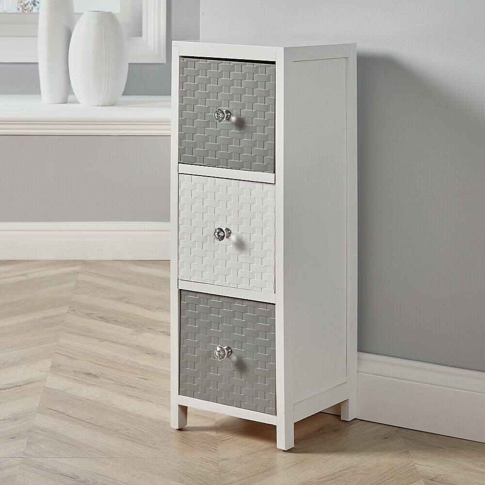 Home Source Chest of Drawers, Wooden Tallboy Storage, Bedroom Bathroom Organiser, Crystal Handles, White and Grey, 3 Drawer