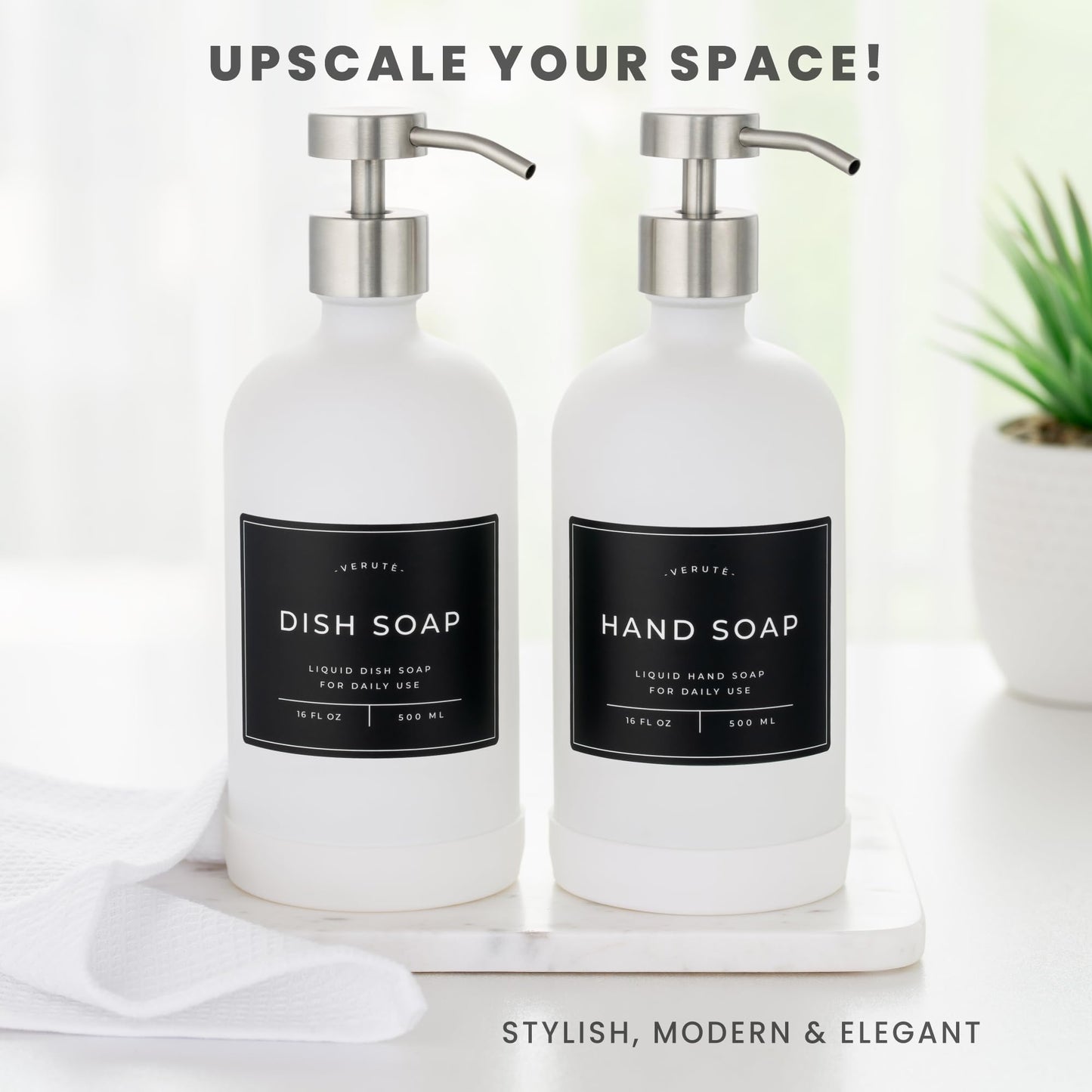 Glass Soap Dispenser Set for Kitchen & Bathroom - 2 x 500ml Refillable Glass Bottles with Stainless Steel Pumps