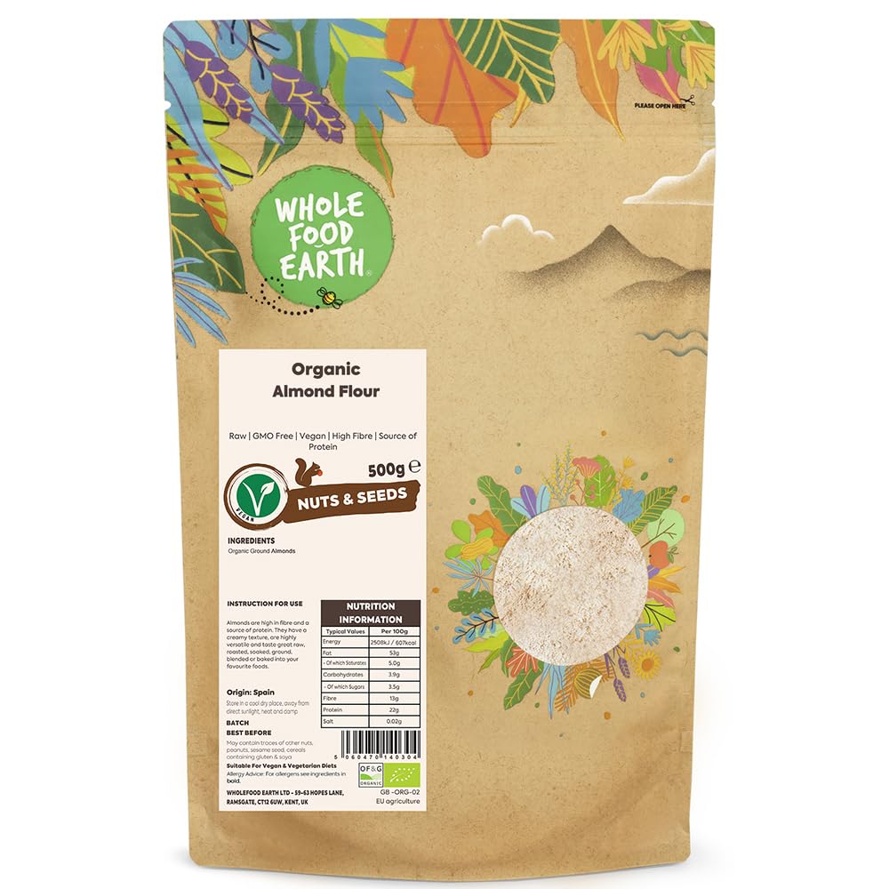 Wholefood Earth Organic Ground Almonds ? 500 g | Raw | GMO Free | Vegan | High Fibre | Source of Protein | Certified Organic