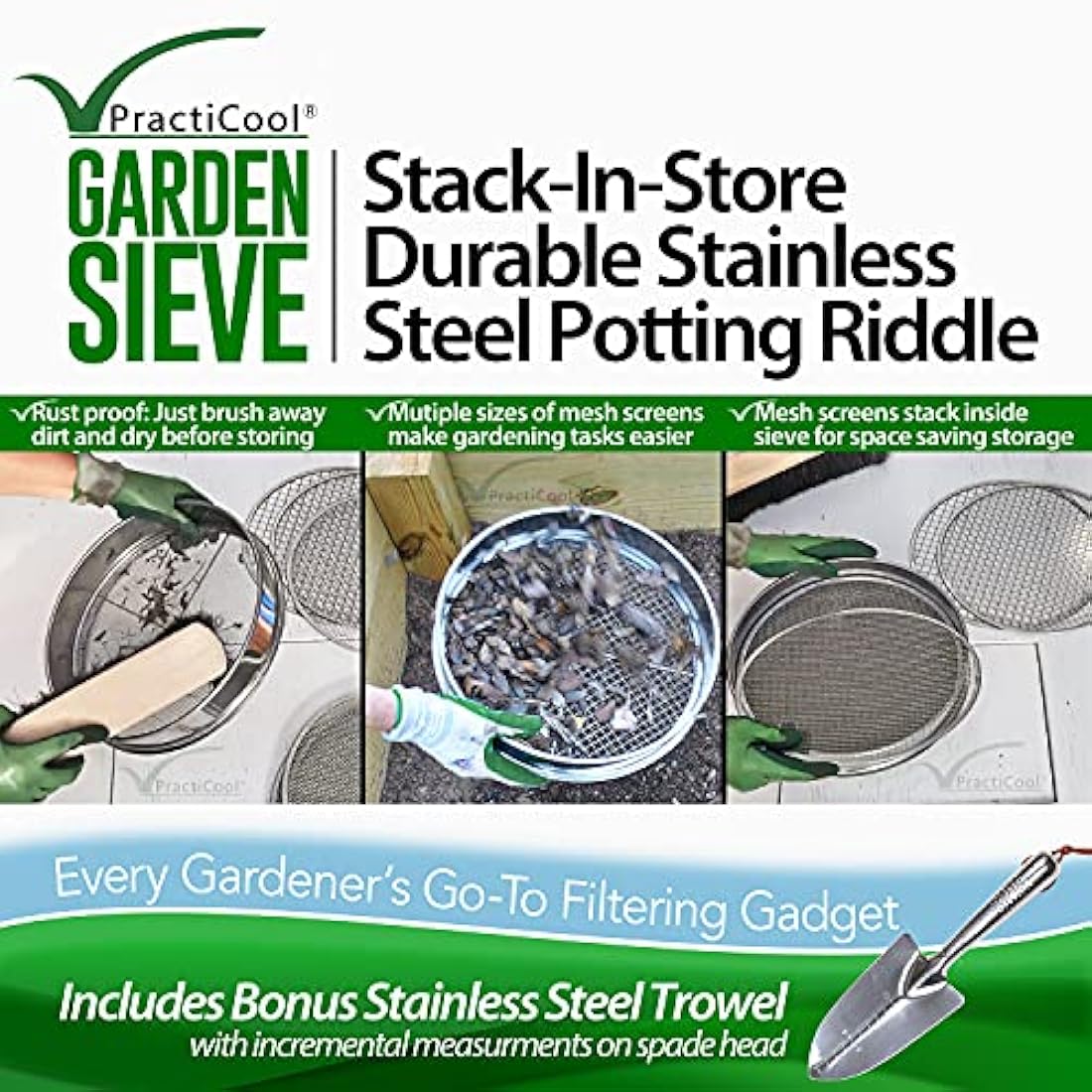 Practicool garden potting mix sieve - stainless steel riddle - soil sifting pan - with 4 interchangeable filter mesh sizes - 3,6,9,12 mm and bonus spade