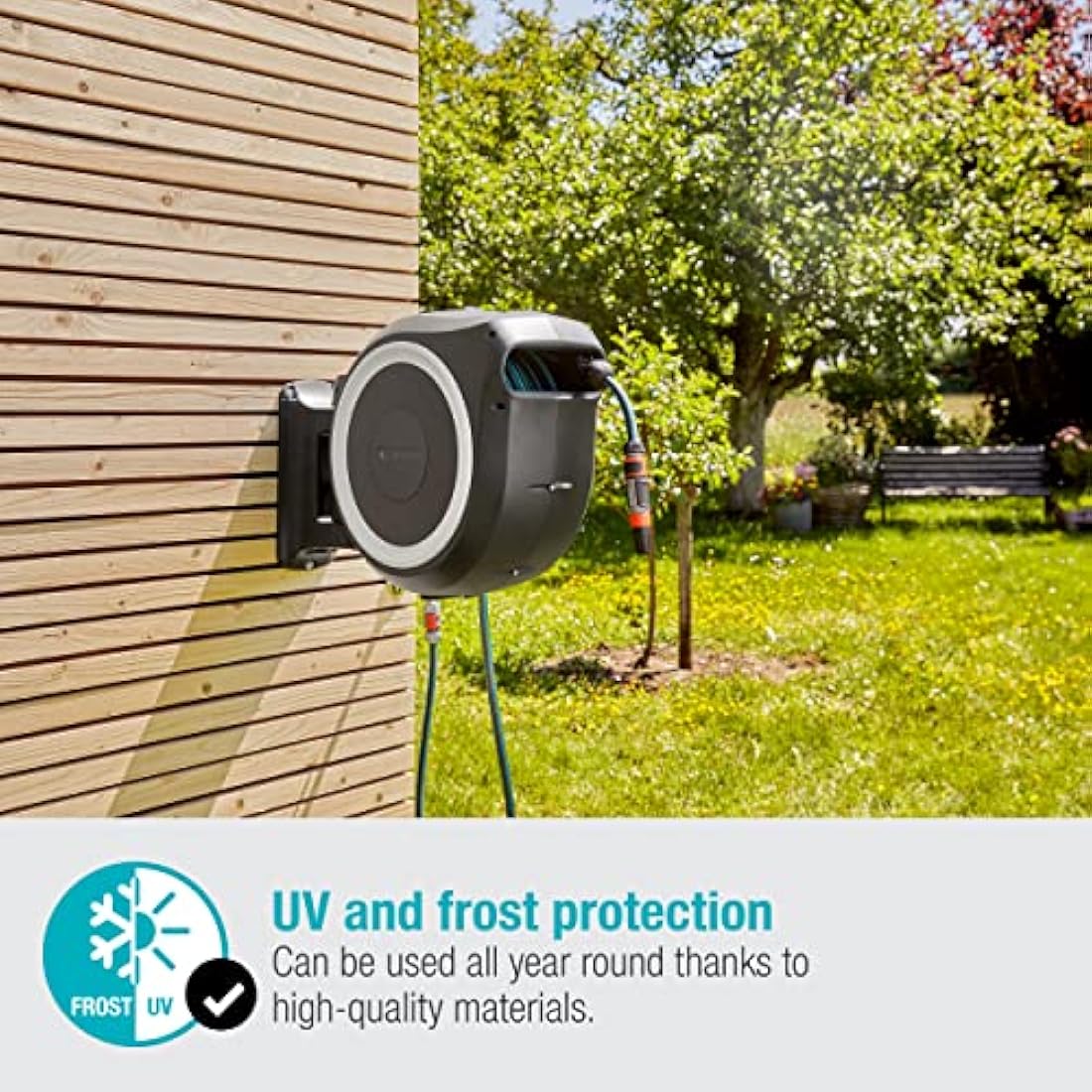 Gardena Wall-Mounted Hose Box Rollup L (White) 30 m: Versatile Watering System for Large Gardens, Swivel Hose Box, Including 30 m Gardena Hose and mounting kit (18627-20)