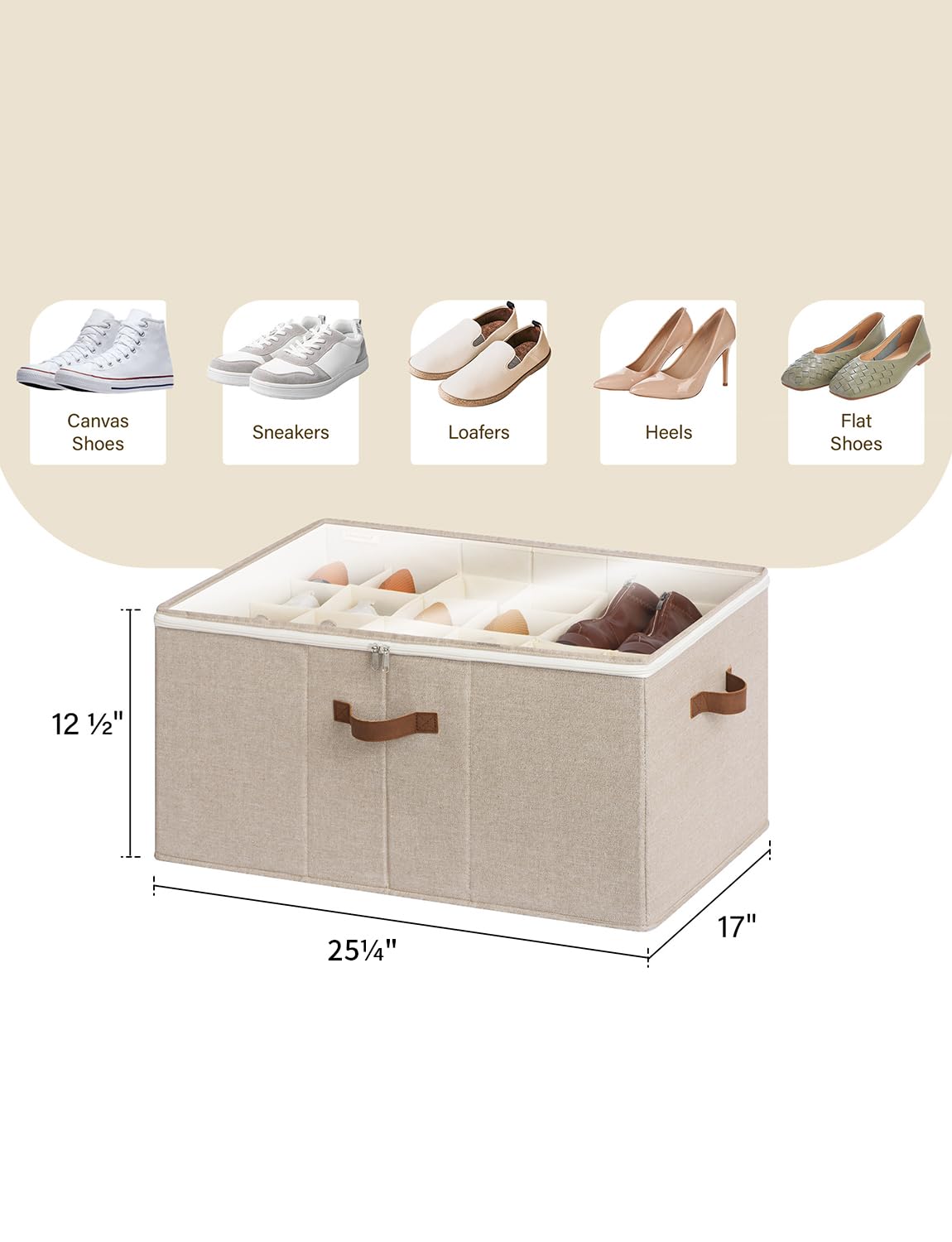 StorageWorks Shoe Organizer for Closet, Extra Large Fabric Shoe Storage Bins with Clear Cover, Adjustable Dividers for Shoe Storage, Mixing of Brown &