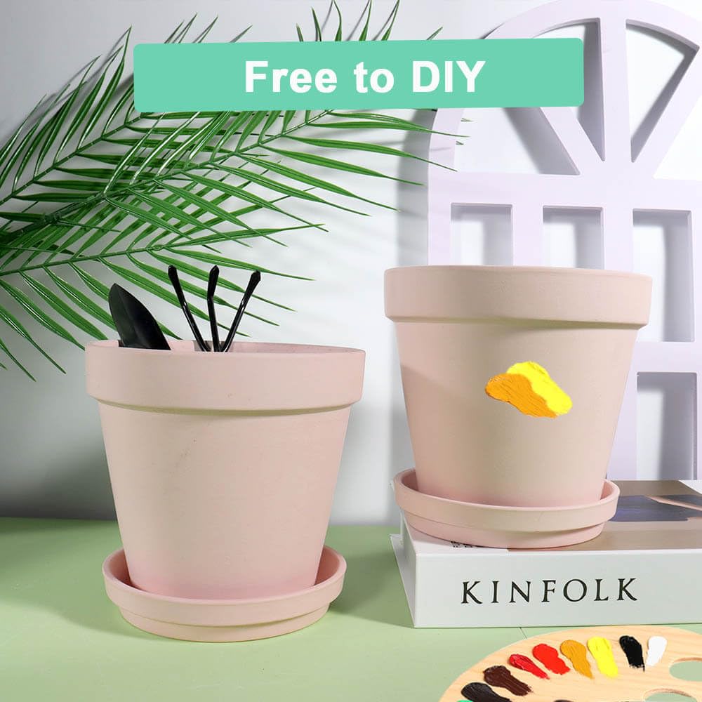 vensovo 15CM Pink Terracotta & Clay Pots for Plant with Saucer - 4 Pack Medium Terra Cotta Planter with Drainage Hole, Flowerpot for Indoor Outdoor
