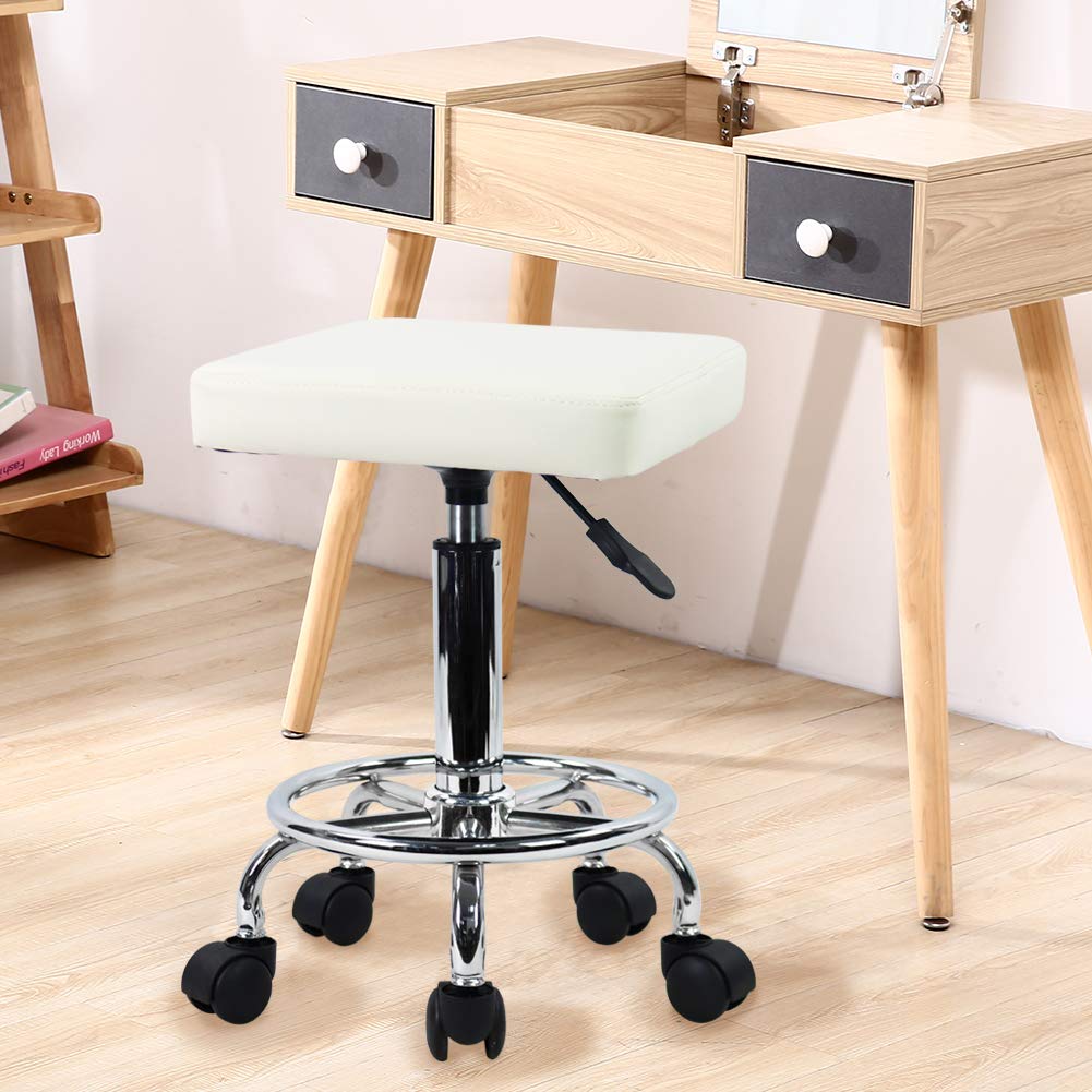 KKTONER Square Rolling Stool PU Leather Height Adjustable Swivel Massage SPA Salon Stools Task Chair with Wheels (White)