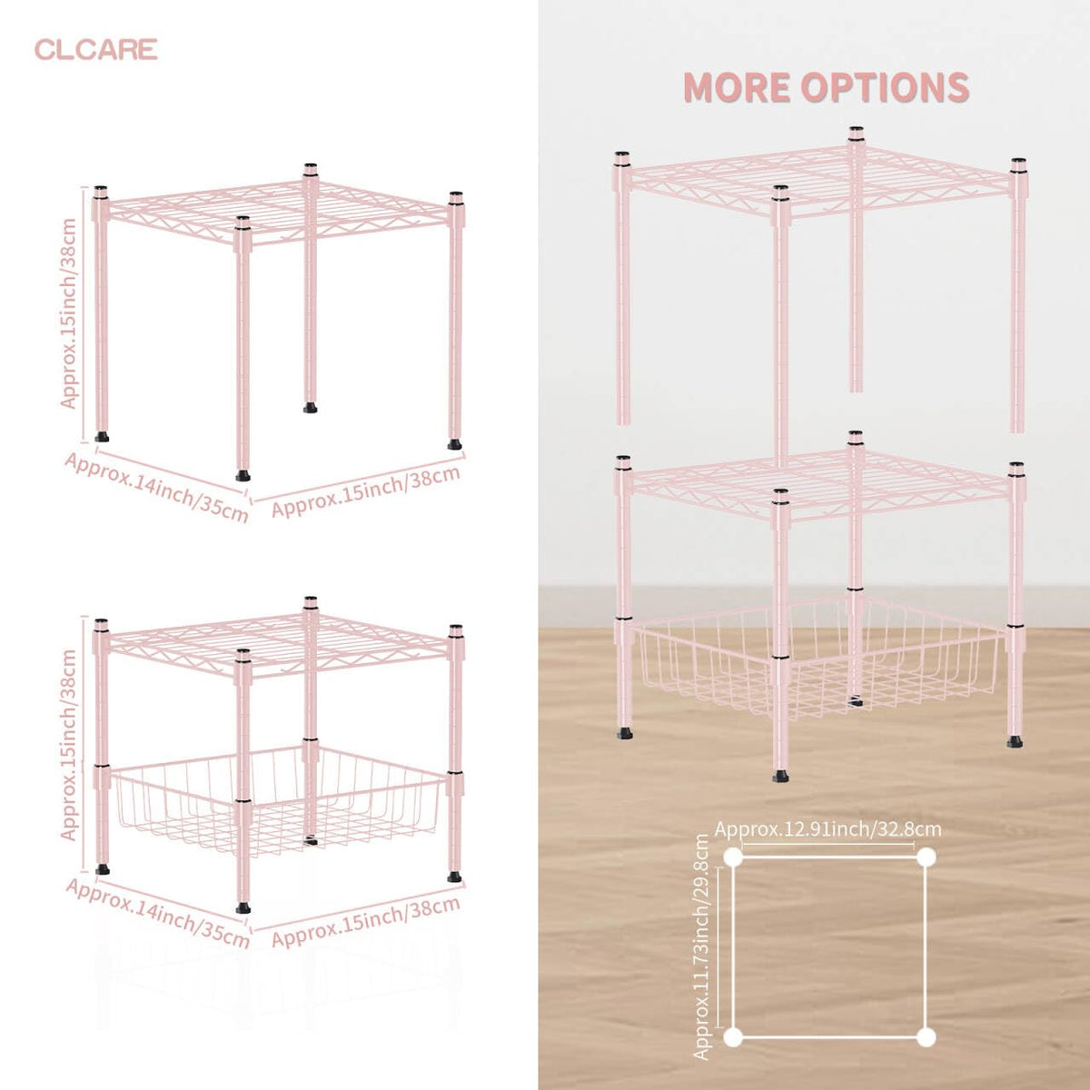 CLCARE Stacking Shelf Adjustable, Stackable & Expandable, Heavy Duty Storage Shelving Unit, Cabinet Organizer Shelf (Pink,1-Tier)