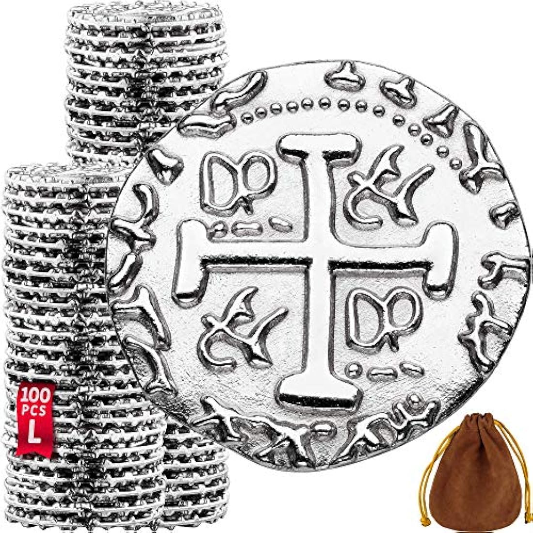 Large Silver Metal Pirate Coins - 100 Silver Treasure Coin Set, Metal Replica Spanish Doubloons for Board Games, Tokens, Toys, Cosplay - Realistic Money Imitation, Pirate Treasure Chest - Size: 27 mm