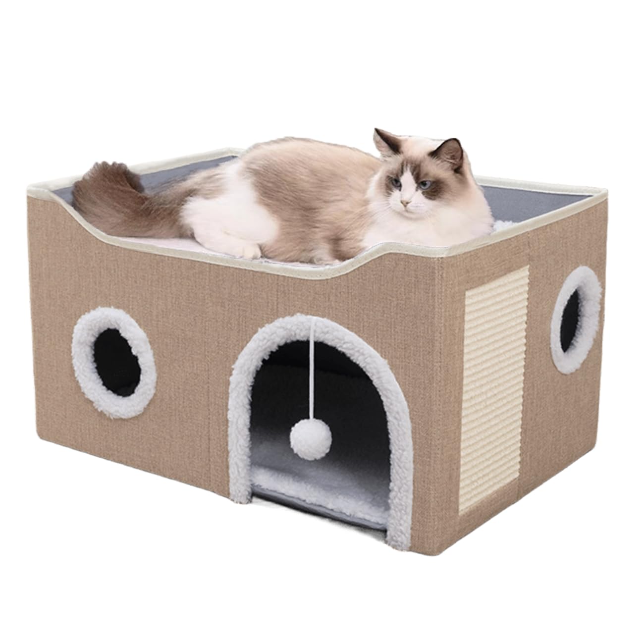 ERNAN Cat Beds,Cat Bed for Indoor Cats, Foldable Cat House,Large Soft Cave Bed with Scratching Board for Small Medium Pets (kaki, M)